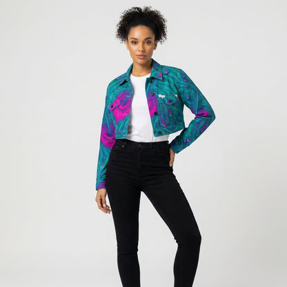 Cropped Jean Cotton Jacket Teal Peacock Feather