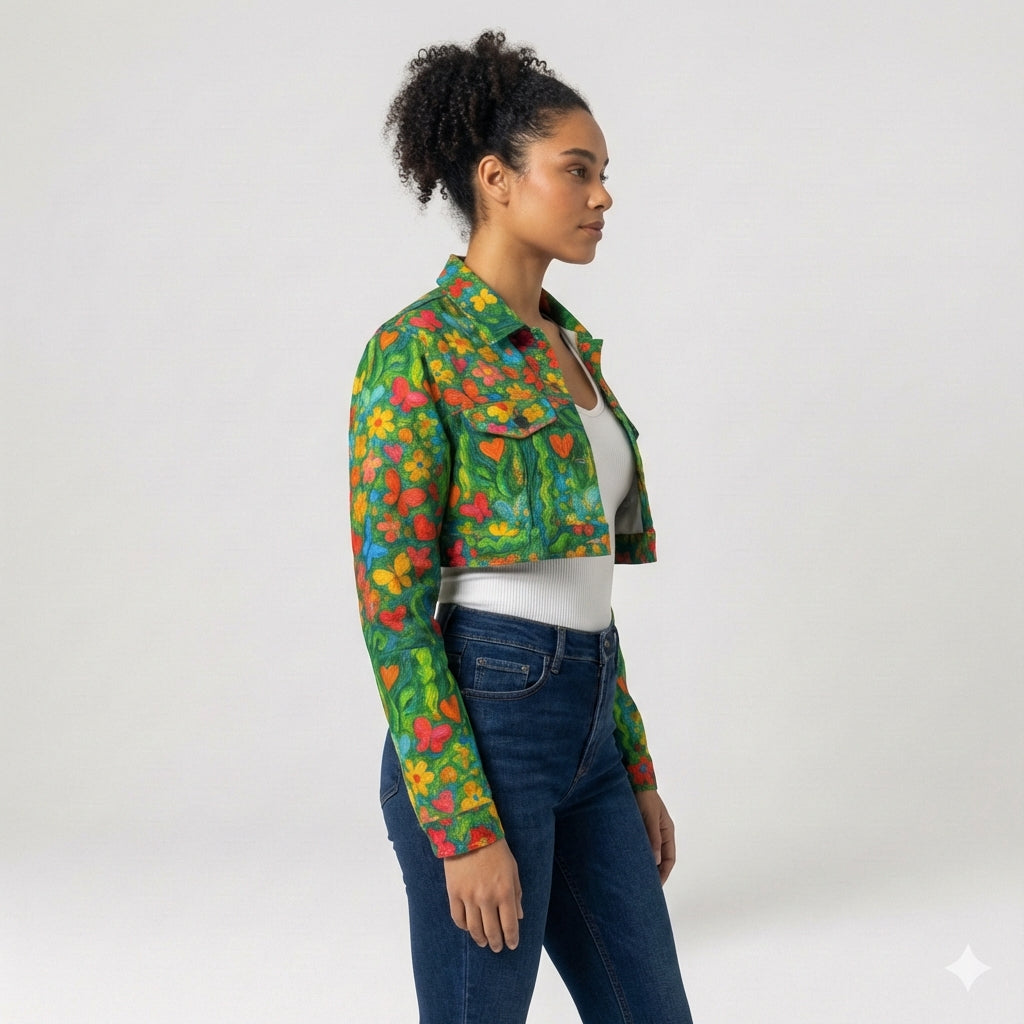 Cropped Jean Cotton Jacket Butterfly Flowers