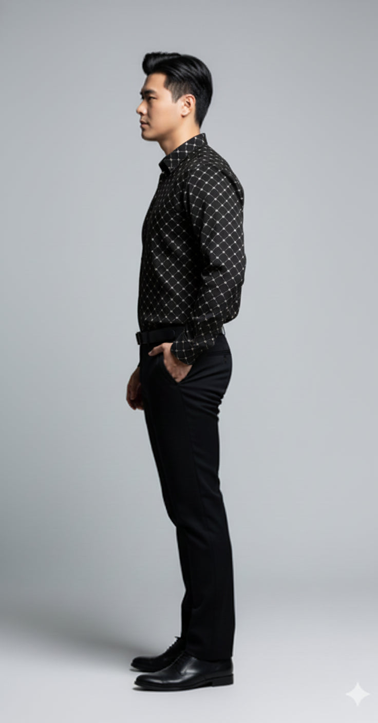 Crown and Lines Silver on Black Structured Linen Dress Shirt with Franklin Spread Collar