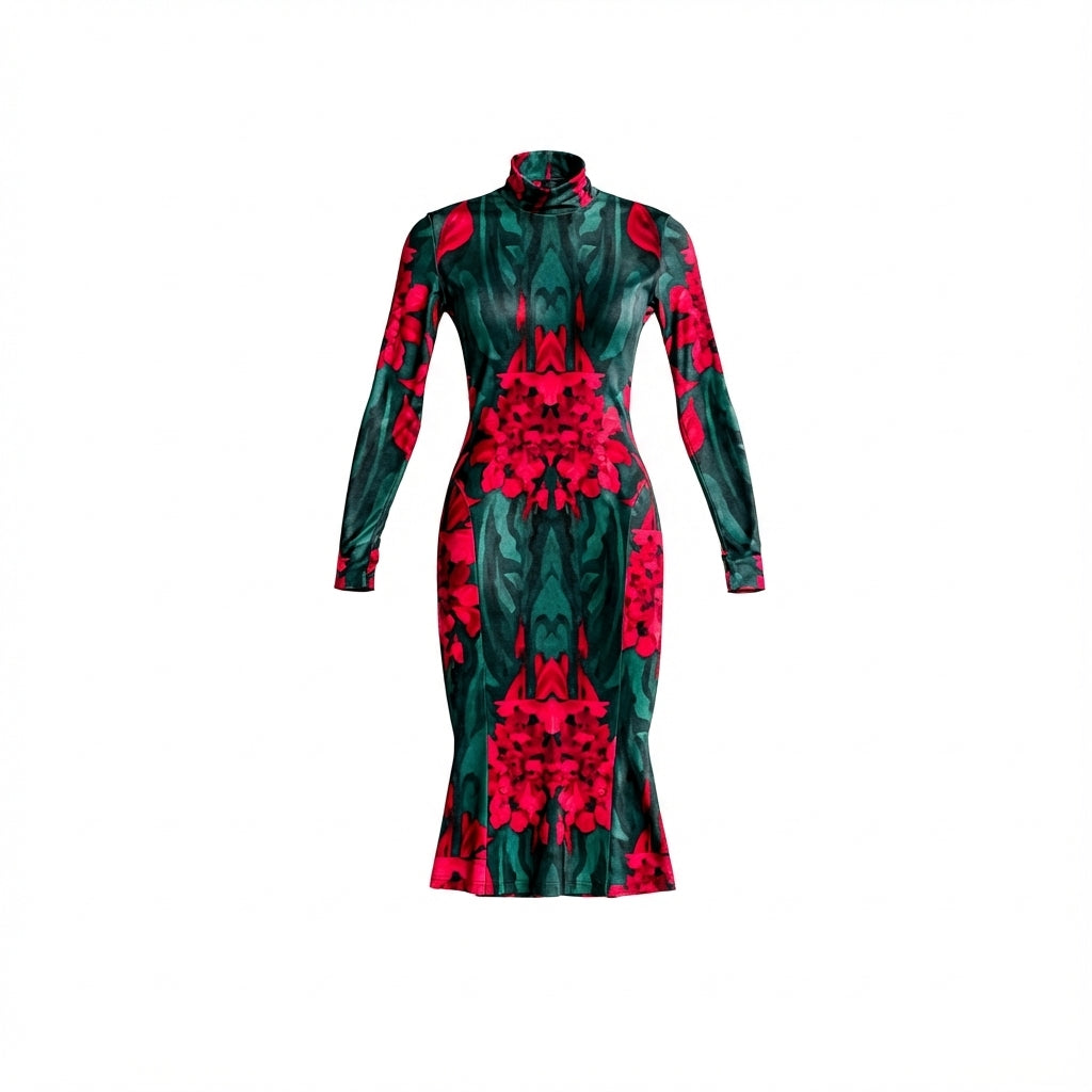 Sarong Maxi Turtleneck Body Con Dress Pink Flowers