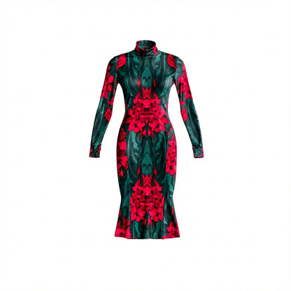 Sarong Maxi Turtleneck Body Con Dress Pink Flowers