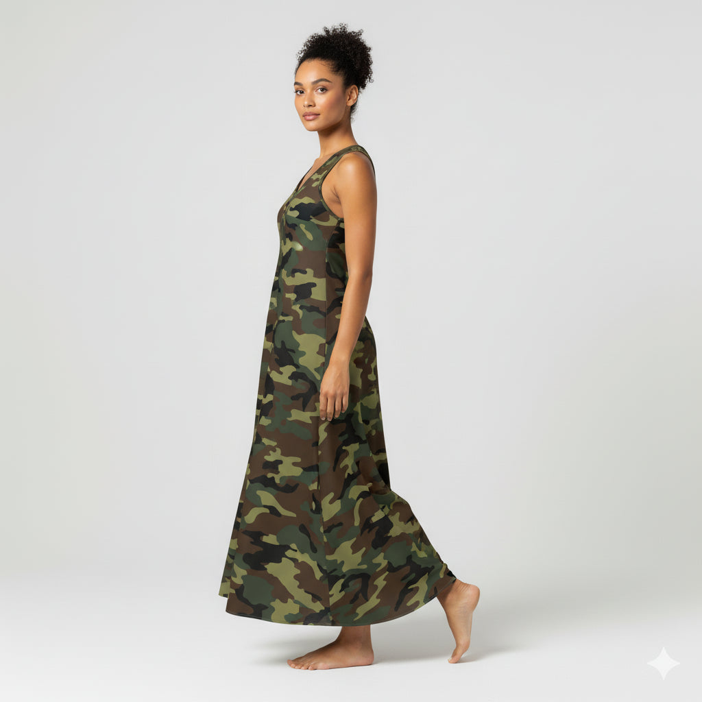 V-Neck A-Line Dress in Camouflage Print