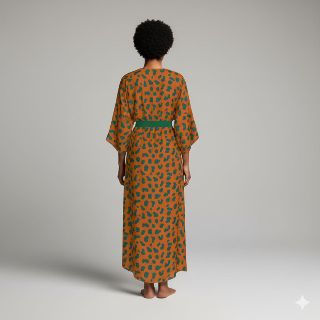 Ecovero Kimono-Sleeve Abaya: Orange & Green Micro-Print