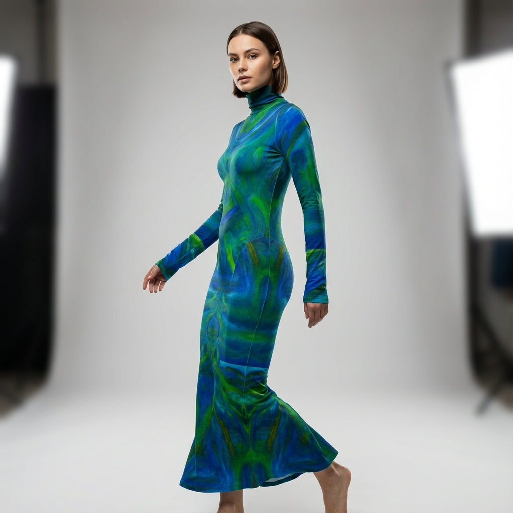 Sarong Maxi Turtleneck Body Con Dress Blue Moon 