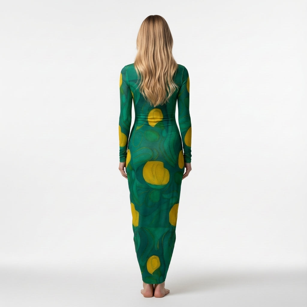  Sarong Maxi Turtleneck Body Con Dress Yellow Flowers