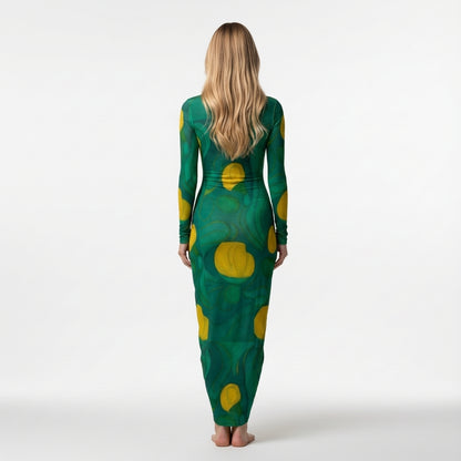  Sarong Maxi Turtleneck Body Con Dress Yellow Flowers