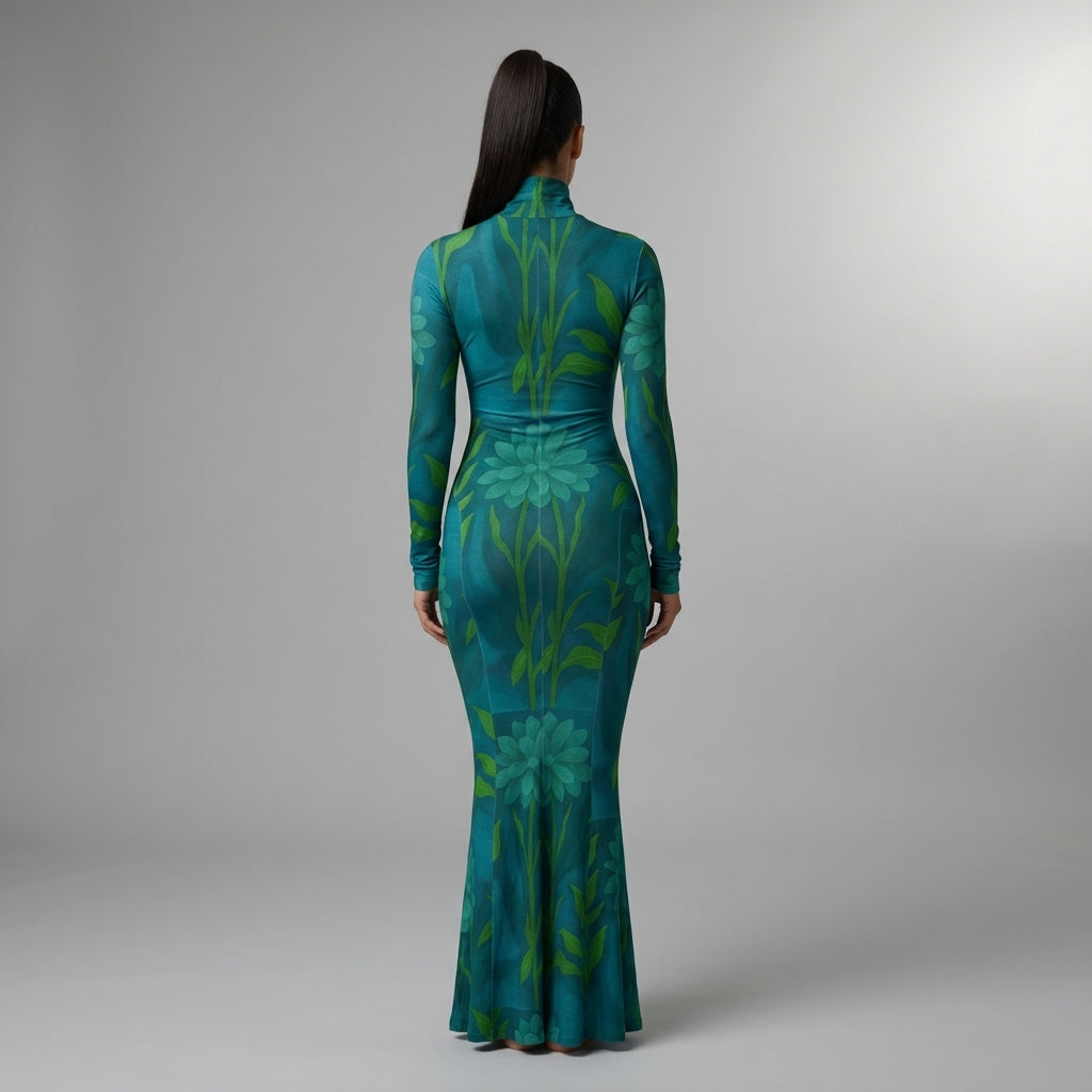 Sarong Maxi Turtleneck Body Con Dress Teal Flowers
