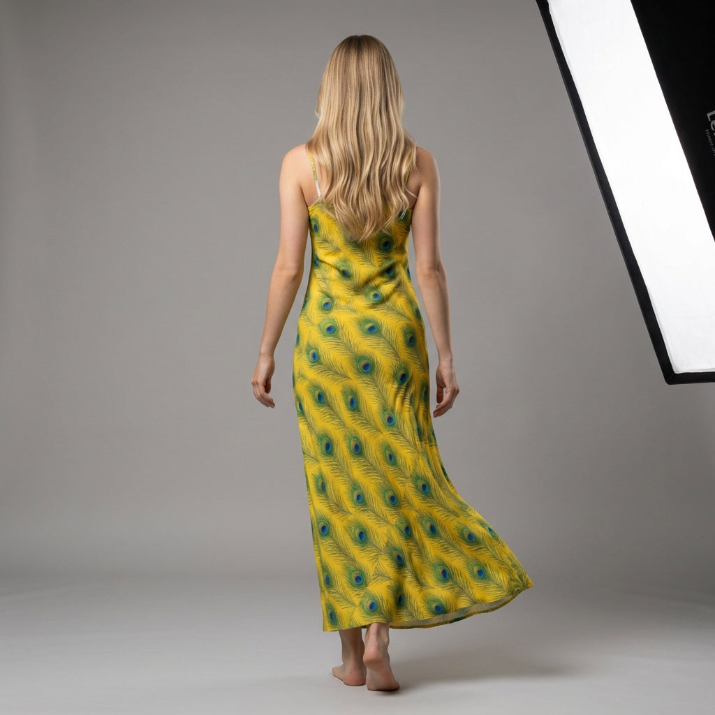 Bias Slip Dress Yellow Peacock Feathers