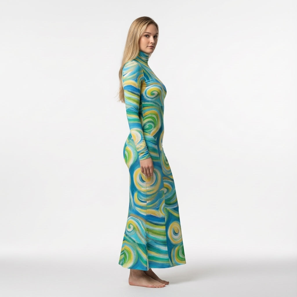 Sarong Maxi Turtleneck Body Con Dress Sea Swirls