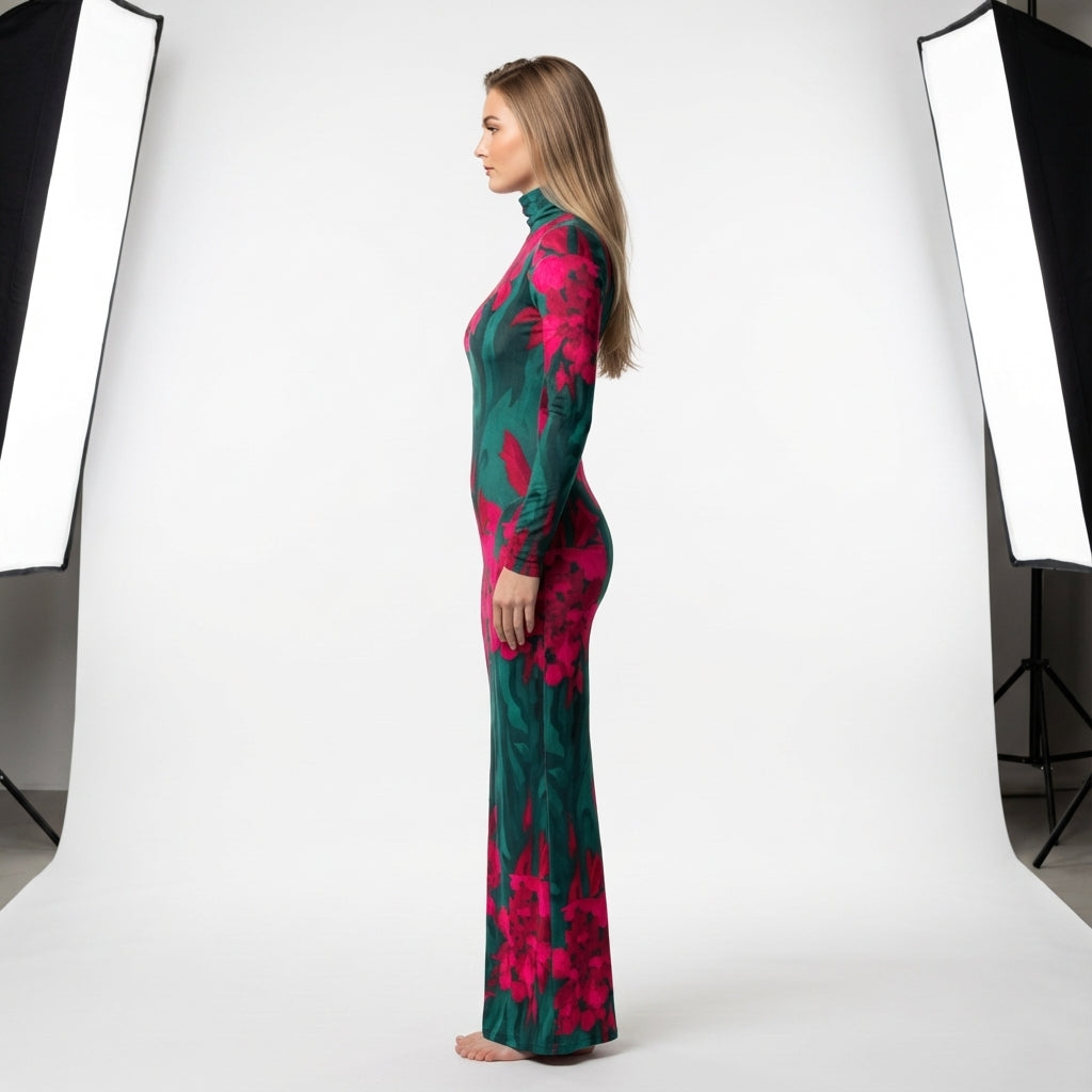 Sarong Maxi Turtleneck Body Con Dress Pink Flowers