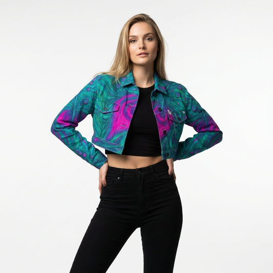Cropped Jean Cotton Jacket Teal Peacock Feather