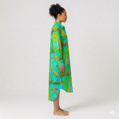 Long Sleeve Shirt Dress Palm Tree Island