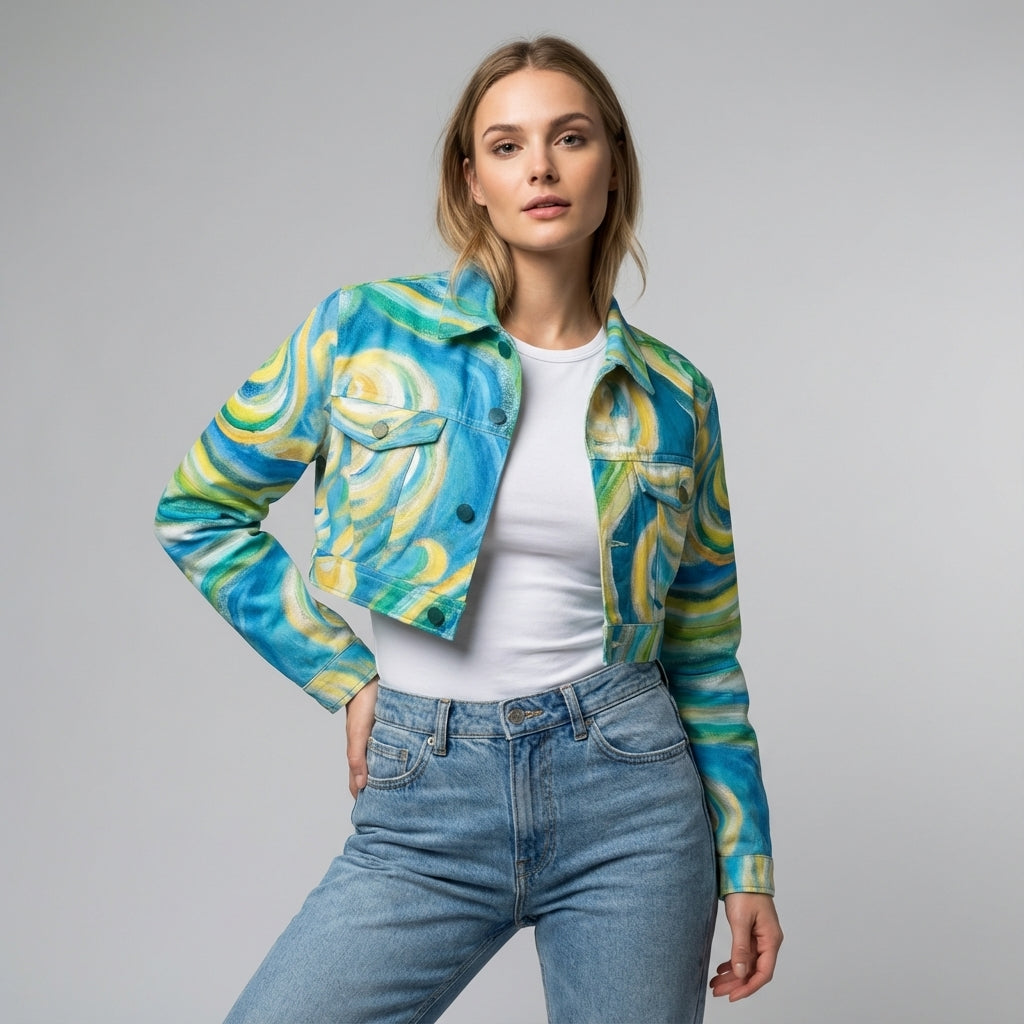 Cropped Jean Jacket Sea Swirls