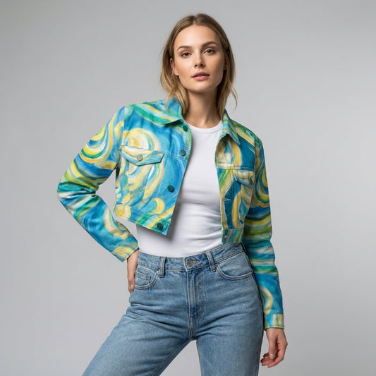 Cropped Jean Jacket Sea Swirls