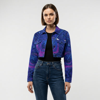 Cropped Jean Cotton Jacket Blue Peacock Feather