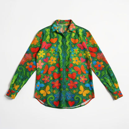 Button Front Shirt Butterfly Flowers