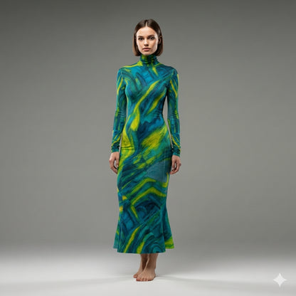 Sarong Maxi Turtleneck Body Con Dress Blue Jungle