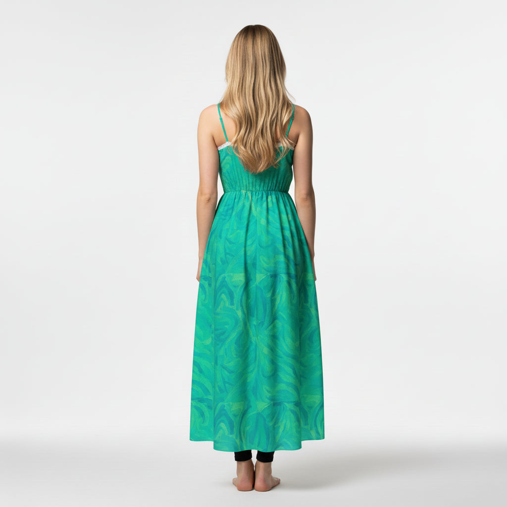 Maxi Dress with Waist Tie in Lightweight Cotton Poplin Teal Noodles