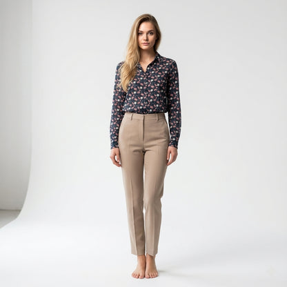 Feminine Floral Button Down Shirt with Handpainted Roses on Navy background