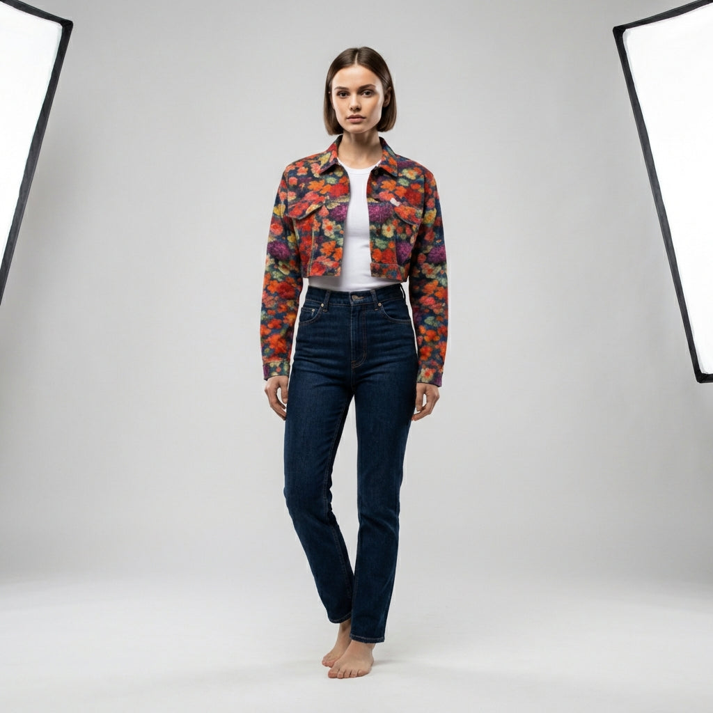Cropped Jean Cotton Jacket Red Flower Bed