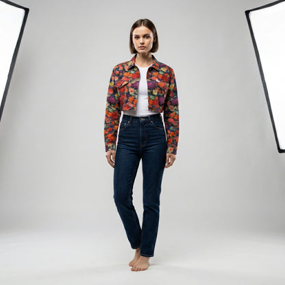 Cropped Jean Cotton Jacket Red Flower Bed