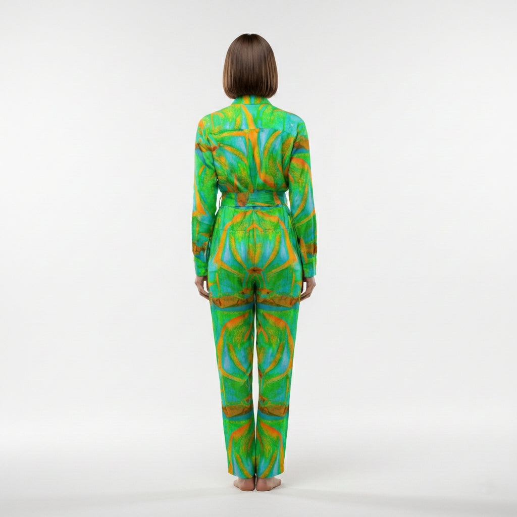 Lightweight Button Front Jumpsuit Palm Tree Island
