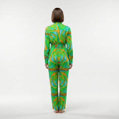 Lightweight Button Front Jumpsuit Palm Tree Island