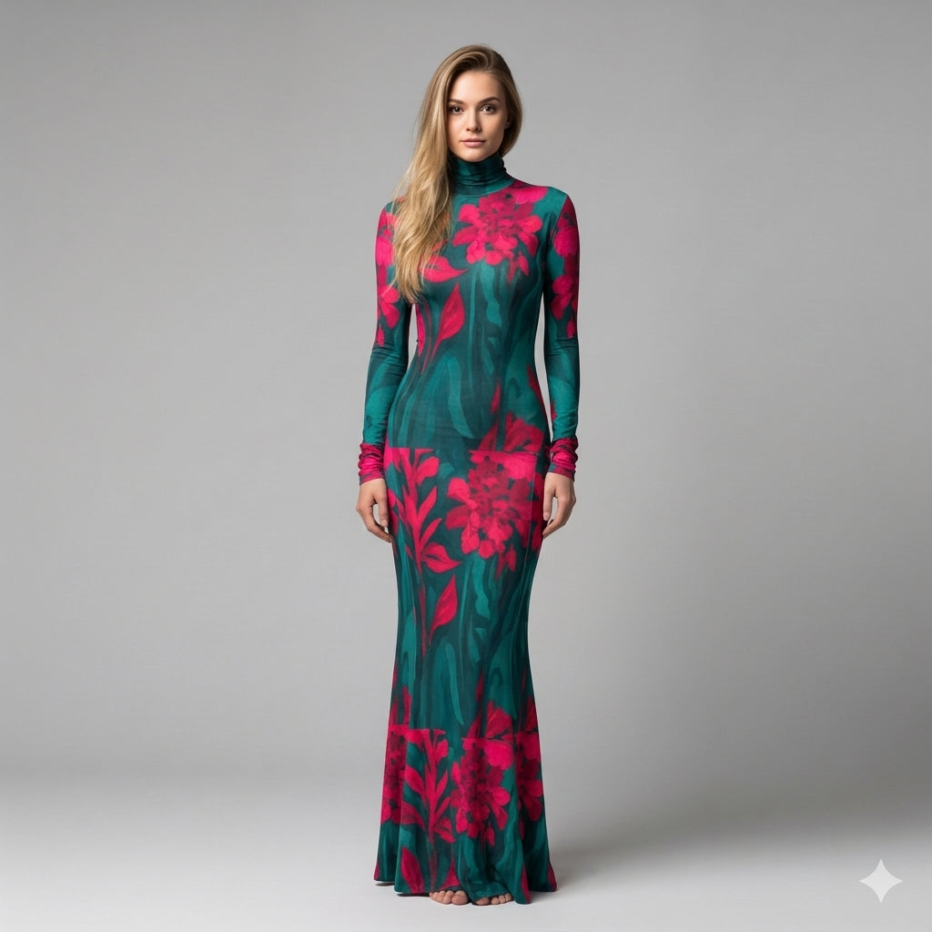 Sarong Maxi Turtleneck Body Con Dress Pink Flowers