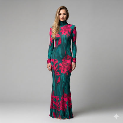 Sarong Maxi Turtleneck Body Con Dress Pink Flowers