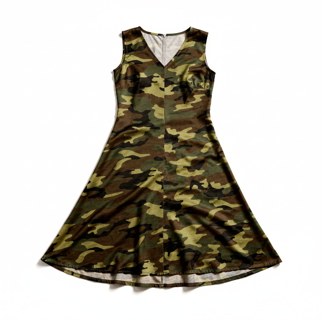 V-Neck A-Line Dress in Camouflage Print