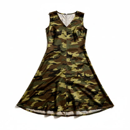 V-Neck A-Line Dress in Camouflage Print