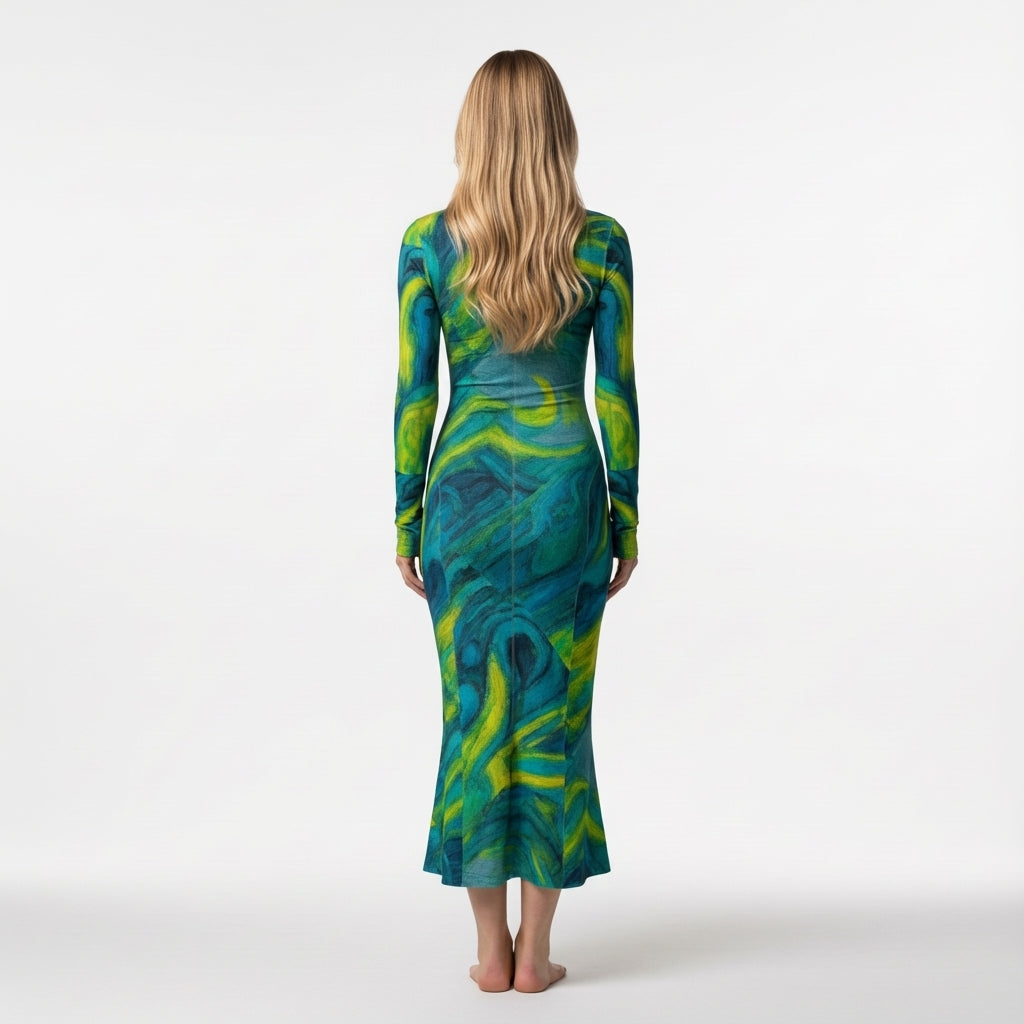 Sarong Maxi Turtleneck Body Con Dress Blue Jungle