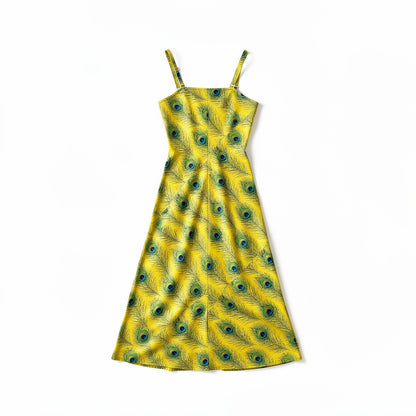 Bias Slip Dress Yellow Peacock Feathers