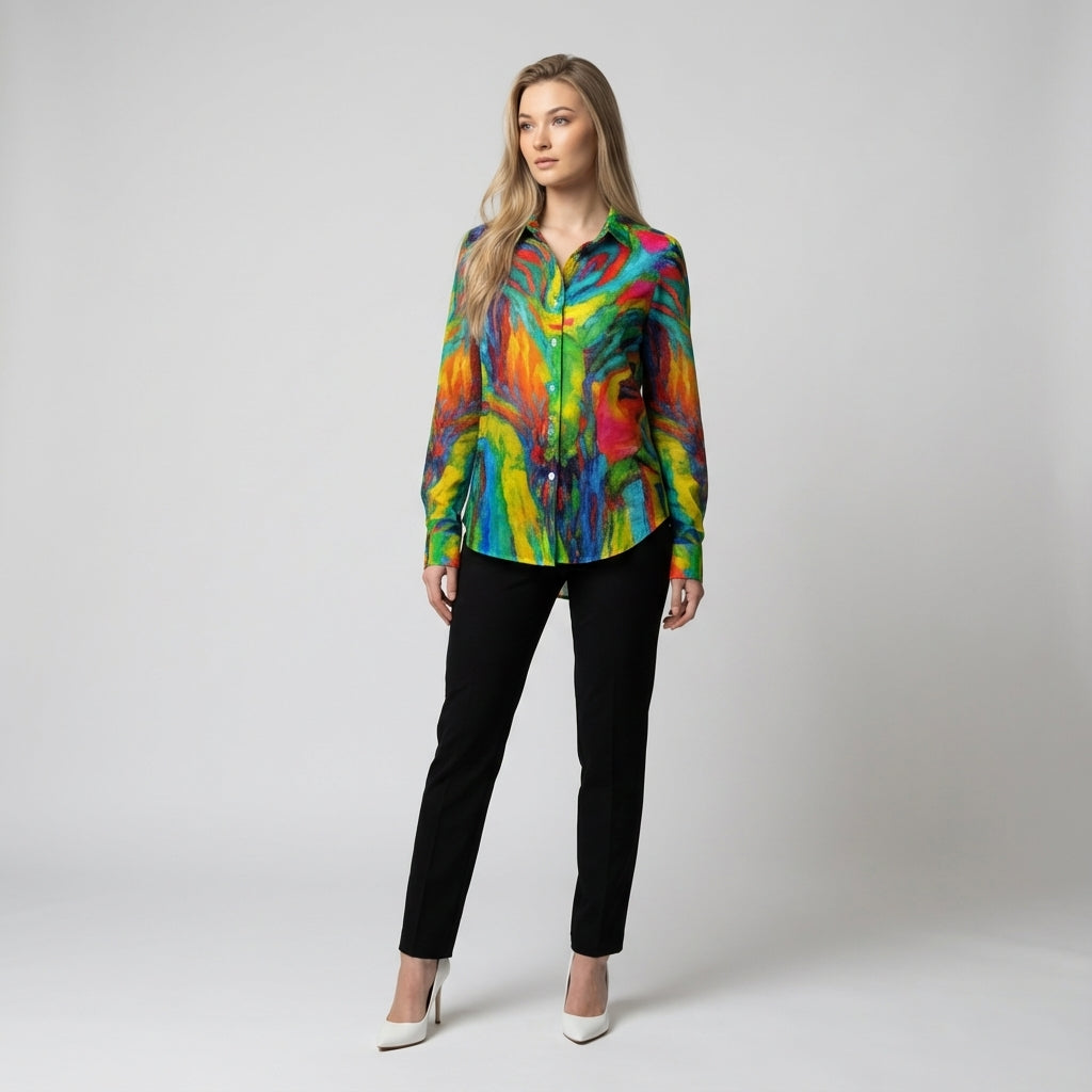 Women's Button Front Shirt in Organic Cotton Voile Green Jungle