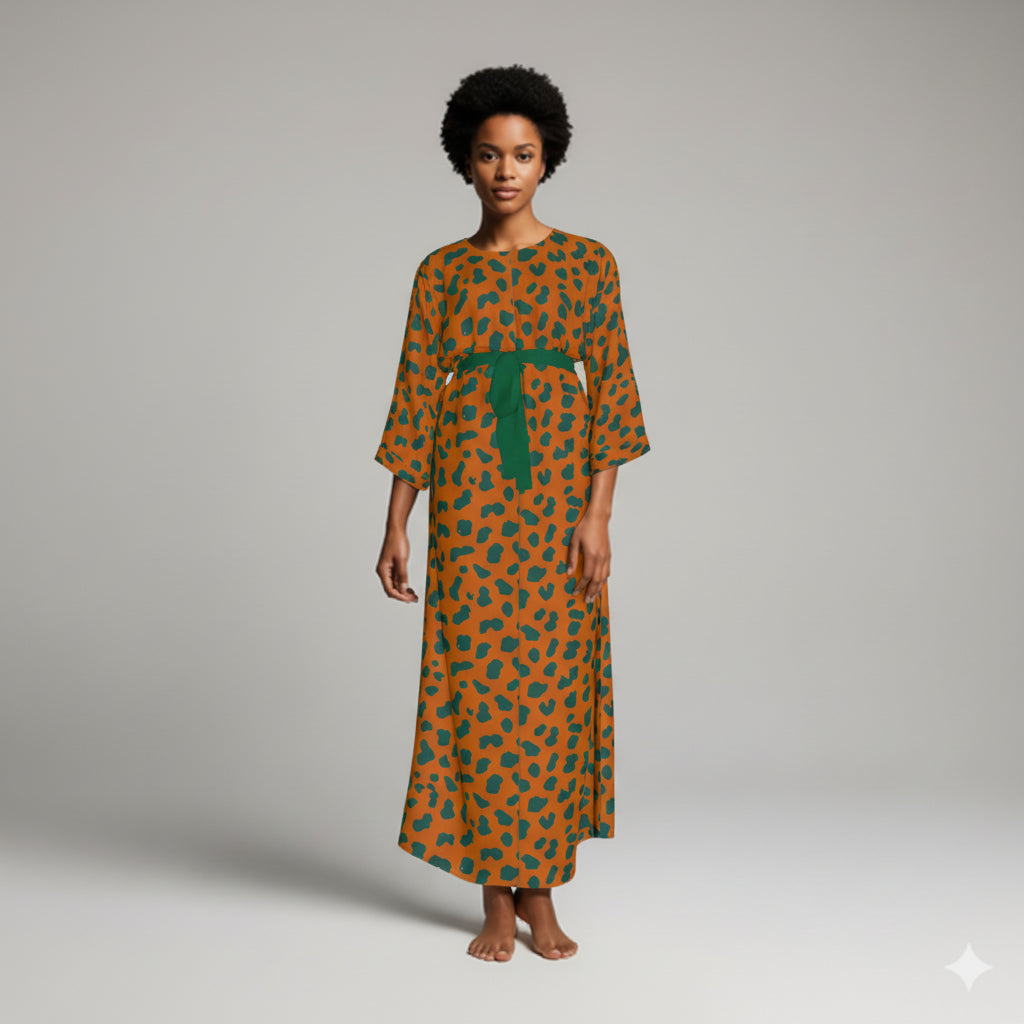 Ecovero Kimono-Sleeve Abaya: Orange & Green Micro-Print