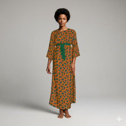 Ecovero Kimono-Sleeve Abaya: Orange & Green Micro-Print