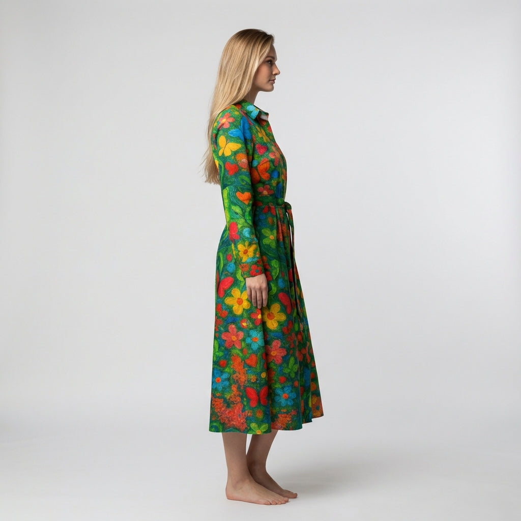 Button Front Shirt Dress Butterfly Flowers