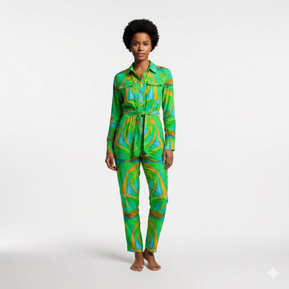 Lightweight Button Front Jumpsuit Palm Tree Island