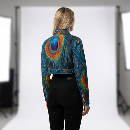 Cropped Jean Cotton Jacket Orange Peacock Feather