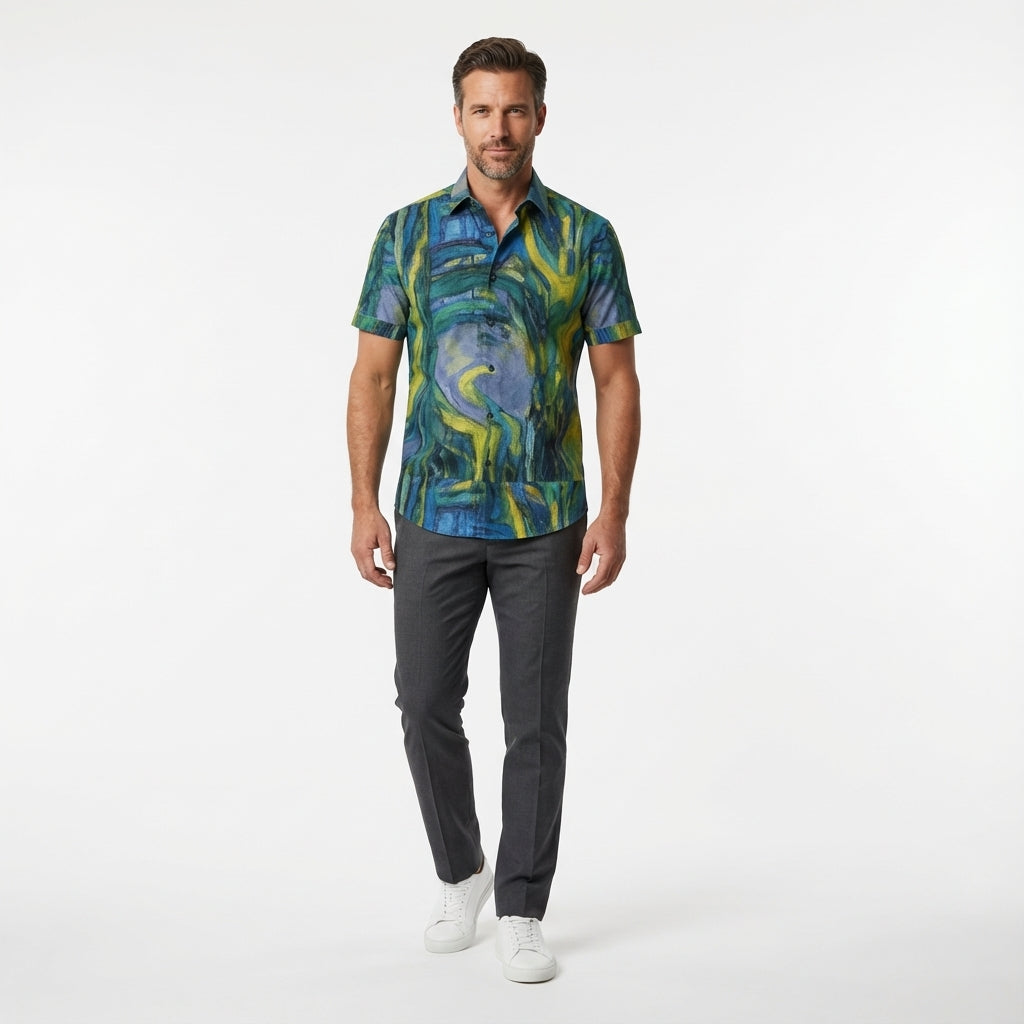 Short Sleeve Dress Shirt Blue Jungle