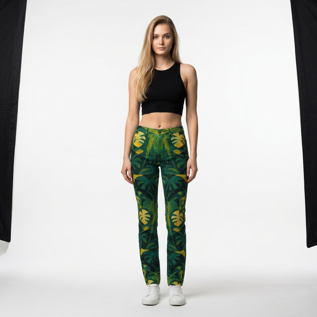 Skinny Jeans Green Leaves - Slim Jeans in Heavyweight Stretch Cotton Denim