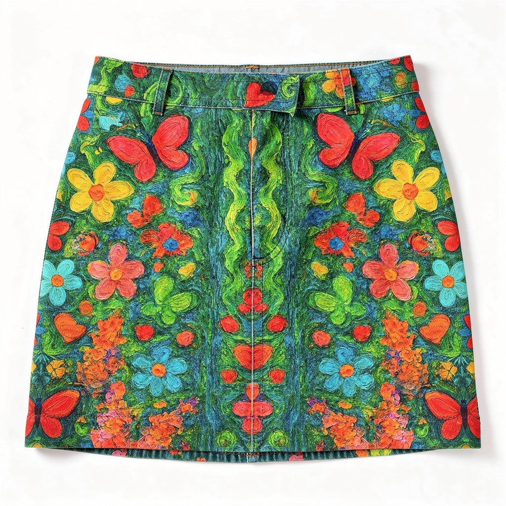 Denim Mini Skirt Butterfly Flowers