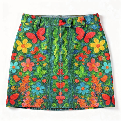 Denim Mini Skirt Butterfly Flowers