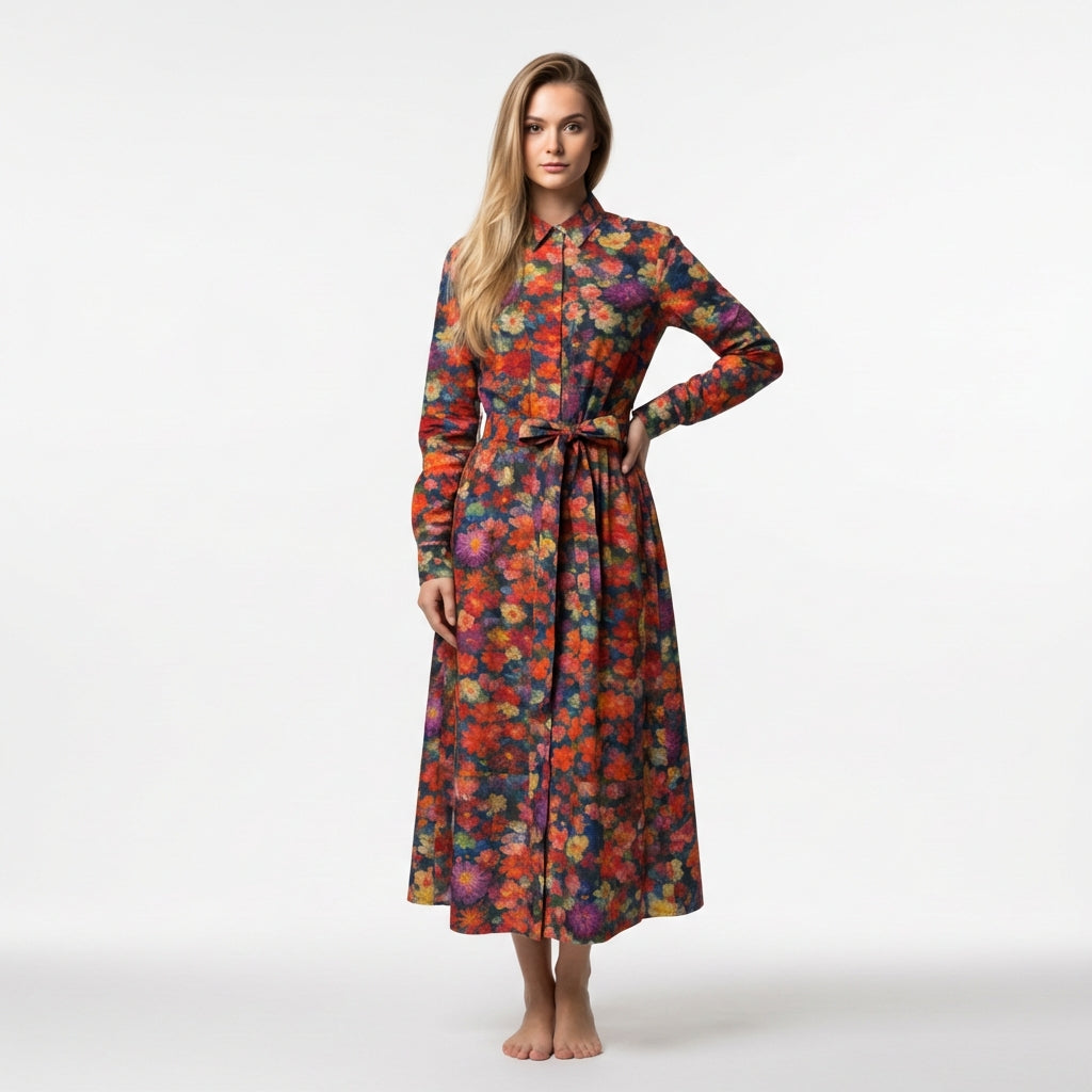 Button Front Shirt Dress Red Flower Bed