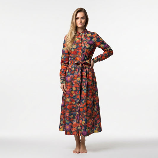 Button Front Shirt Dress Red Flower Bed