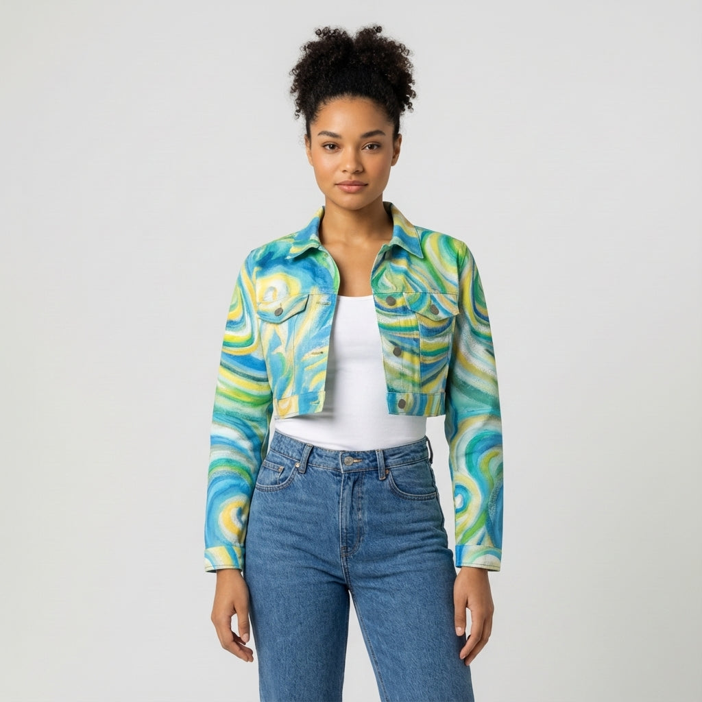 Cropped Jean Jacket Sea Swirls