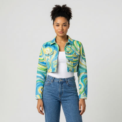 Cropped Jean Jacket Sea Swirls