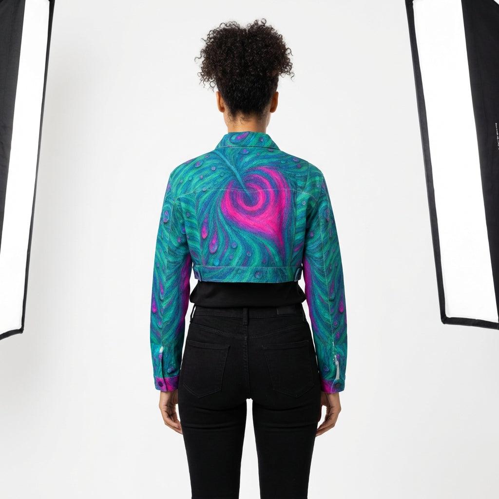 Cropped Jean Cotton Jacket Teal Peacock Feather