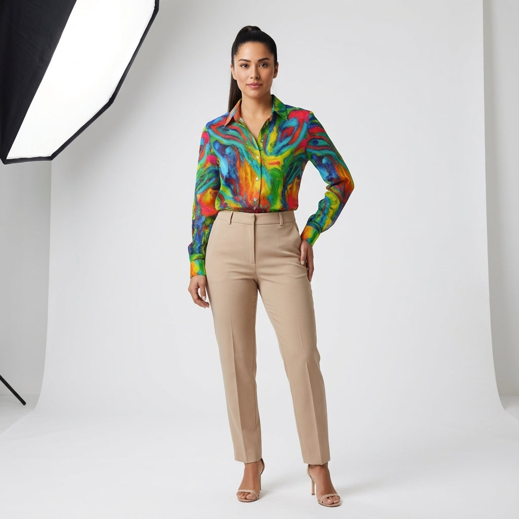 Women's Button Front Shirt in Organic Cotton Voile Green Jungle