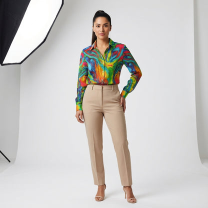 Women's Button Front Shirt in Organic Cotton Voile Green Jungle